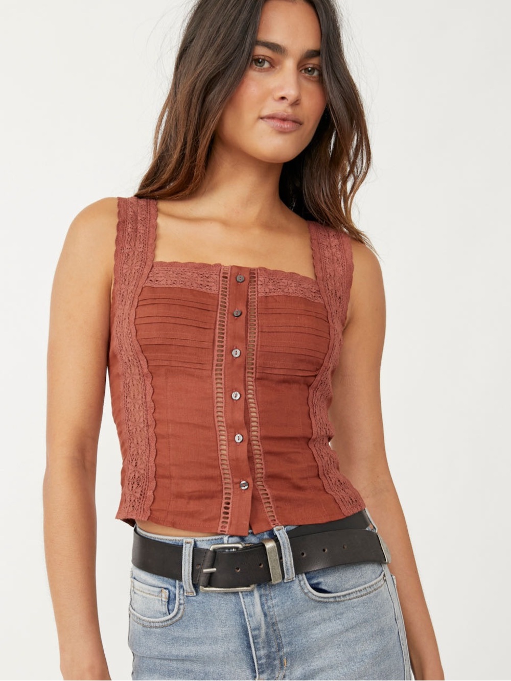 Free People Maggie Lace Tank Top Terracotta brick red size large